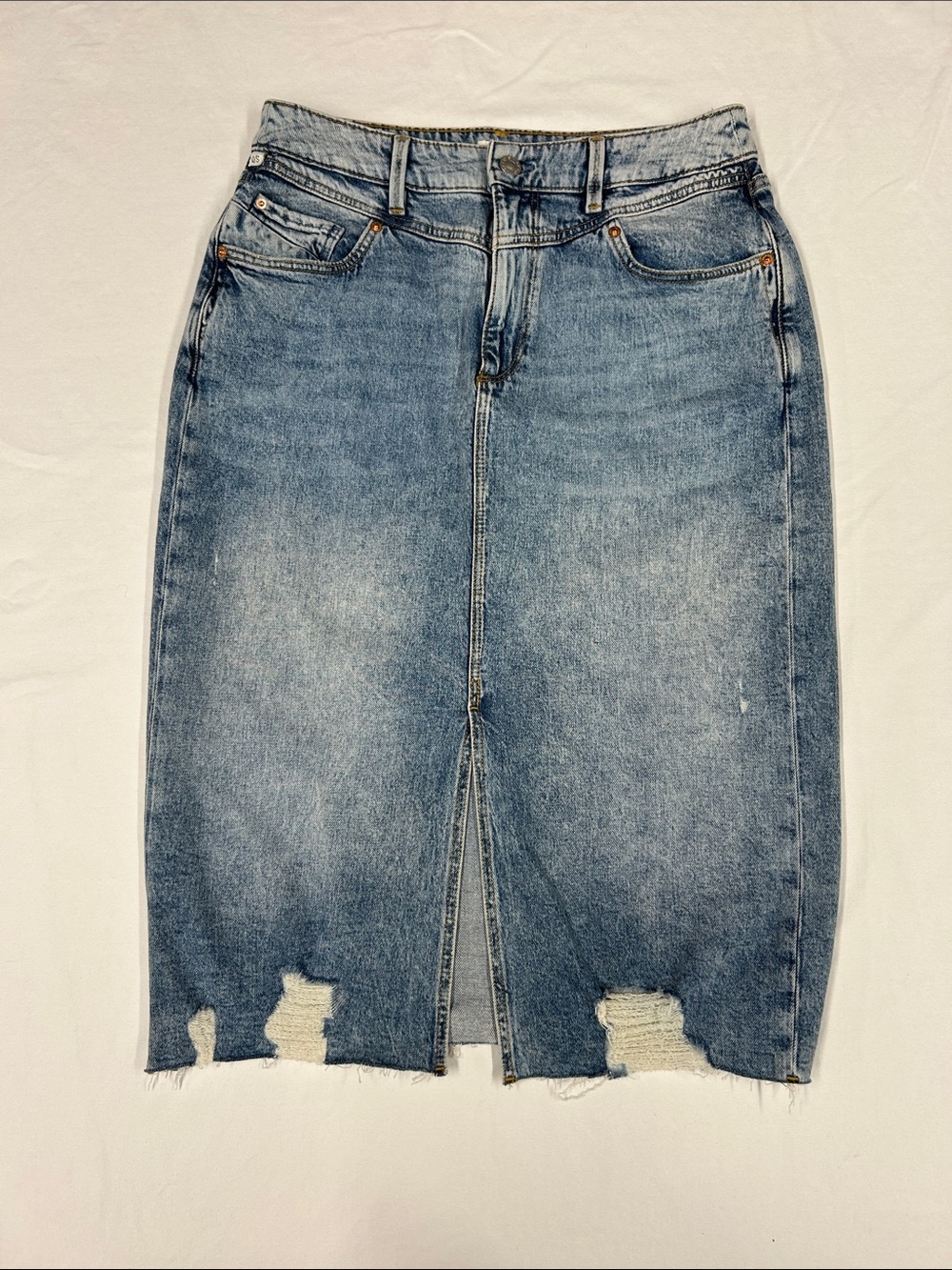 Distressed Light Blue Denim Midi Skirt with Front Vent